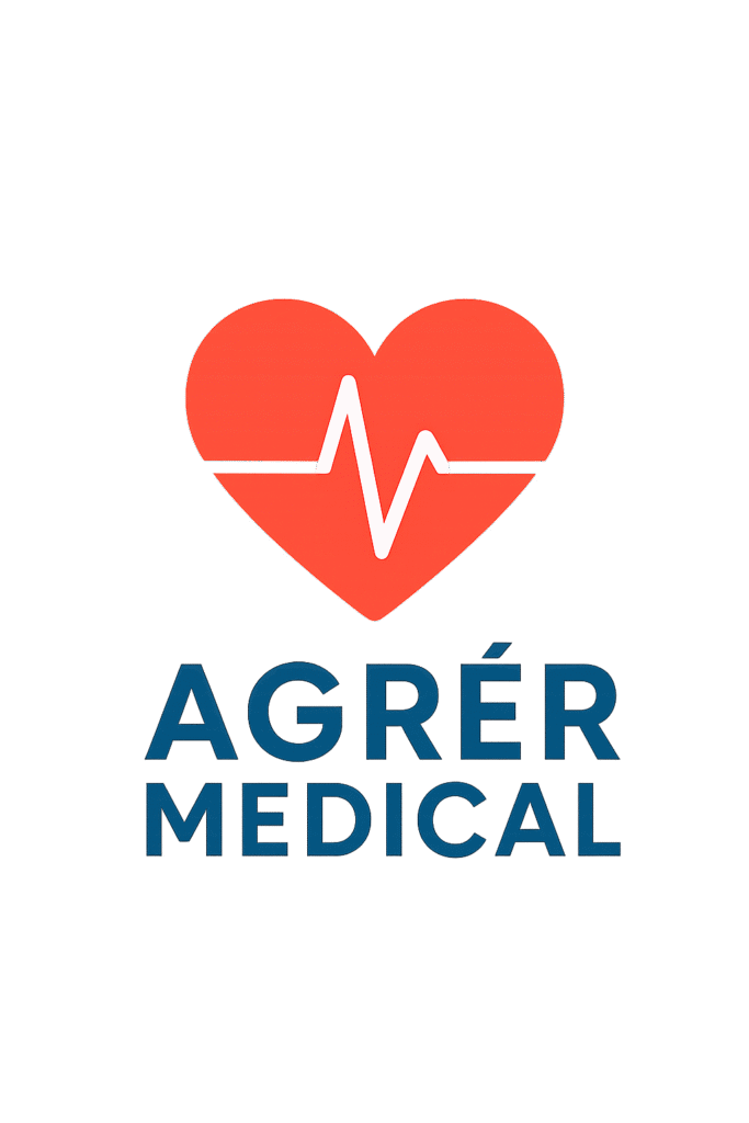 Logga. Rött hjärta med EKG. Namn på företaget Agrér Medical.